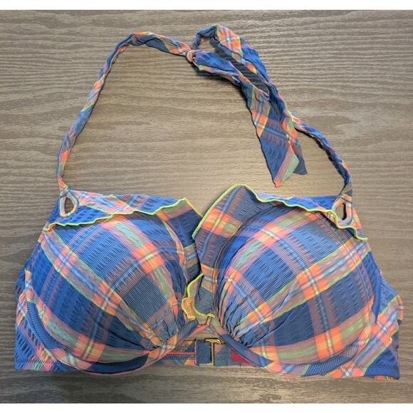 Victoria Secret 38C Halter Tie Neck Bikini Swim Top Blue Plaid Padded Push Up - Picture 1 of 6